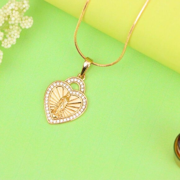 "Religious Rose Gold Heart Pendant with Virgin Mary and Crystals, XPPT1273 - Picture 3 of 13